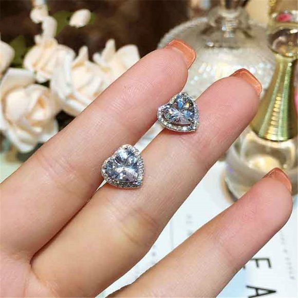 NEW Sterling Silver Diamond Halo Heart Earrings - Picture 2 of 5